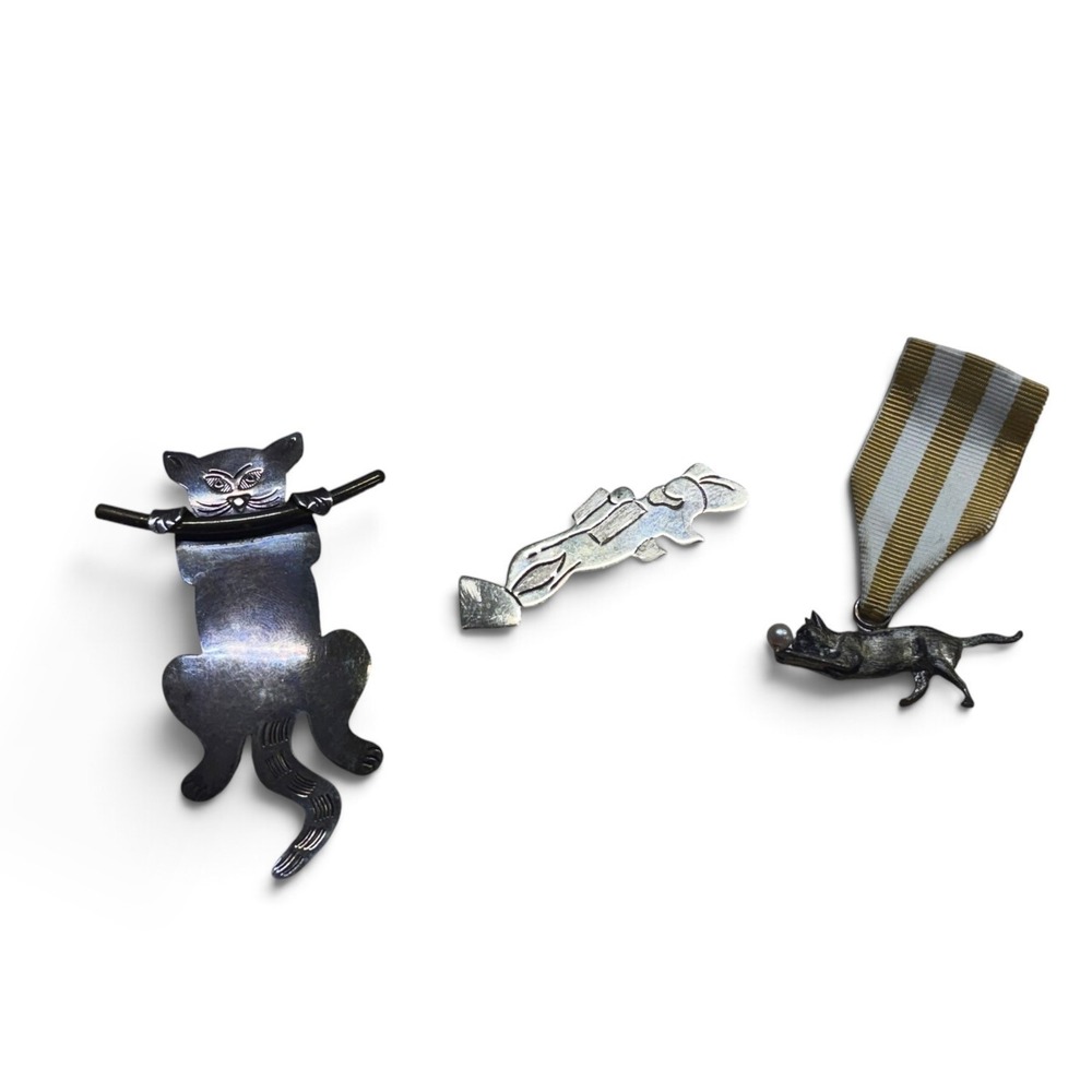 Vintage Sterling Silver Cat Brooch Pin Lot 925 Feline Animal Jewelry 3pc